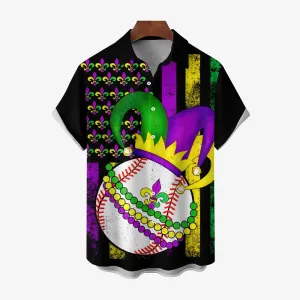Men's Mardi Gras Baseball Print Casual Short Sleeve Shirt 2412002277