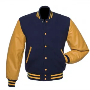 Men's Navy Blue Wool Varsity Baseball Bomber Jacket Yellow