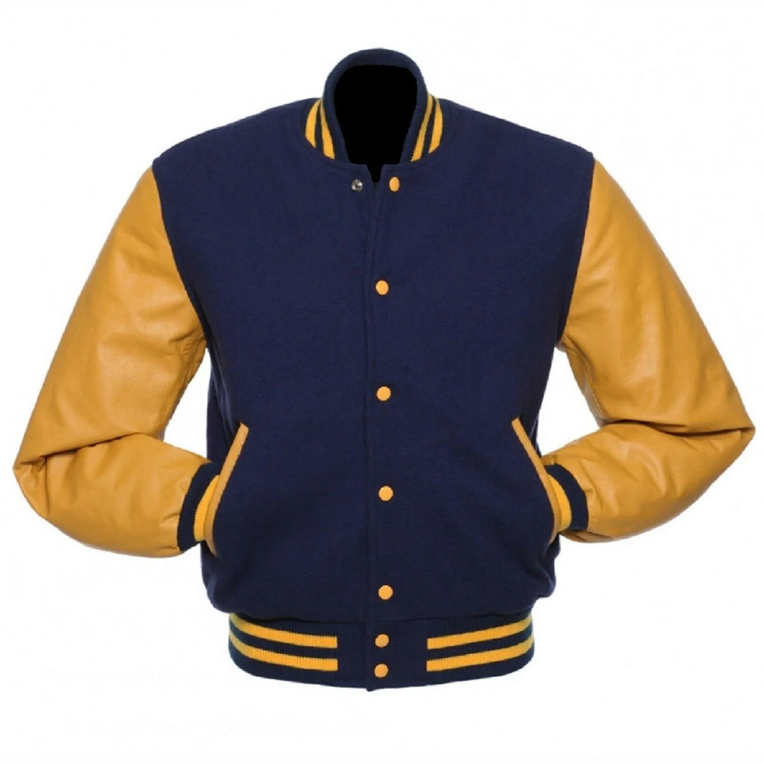 Men's Navy Blue Wool Varsity Baseball Bomber Jacket Yellow