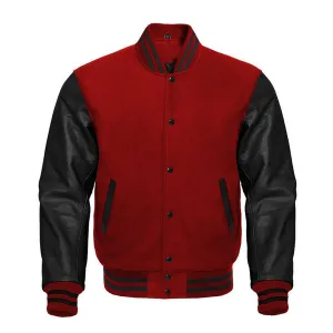 Men's RED WOOL & Black REAL LEATHER COLLEGE BASEBALL VARSITY BOMBER JACKET