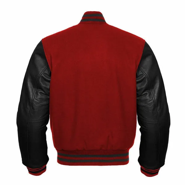 Men's RED WOOL & Black REAL LEATHER COLLEGE BASEBALL VARSITY BOMBER JACKET