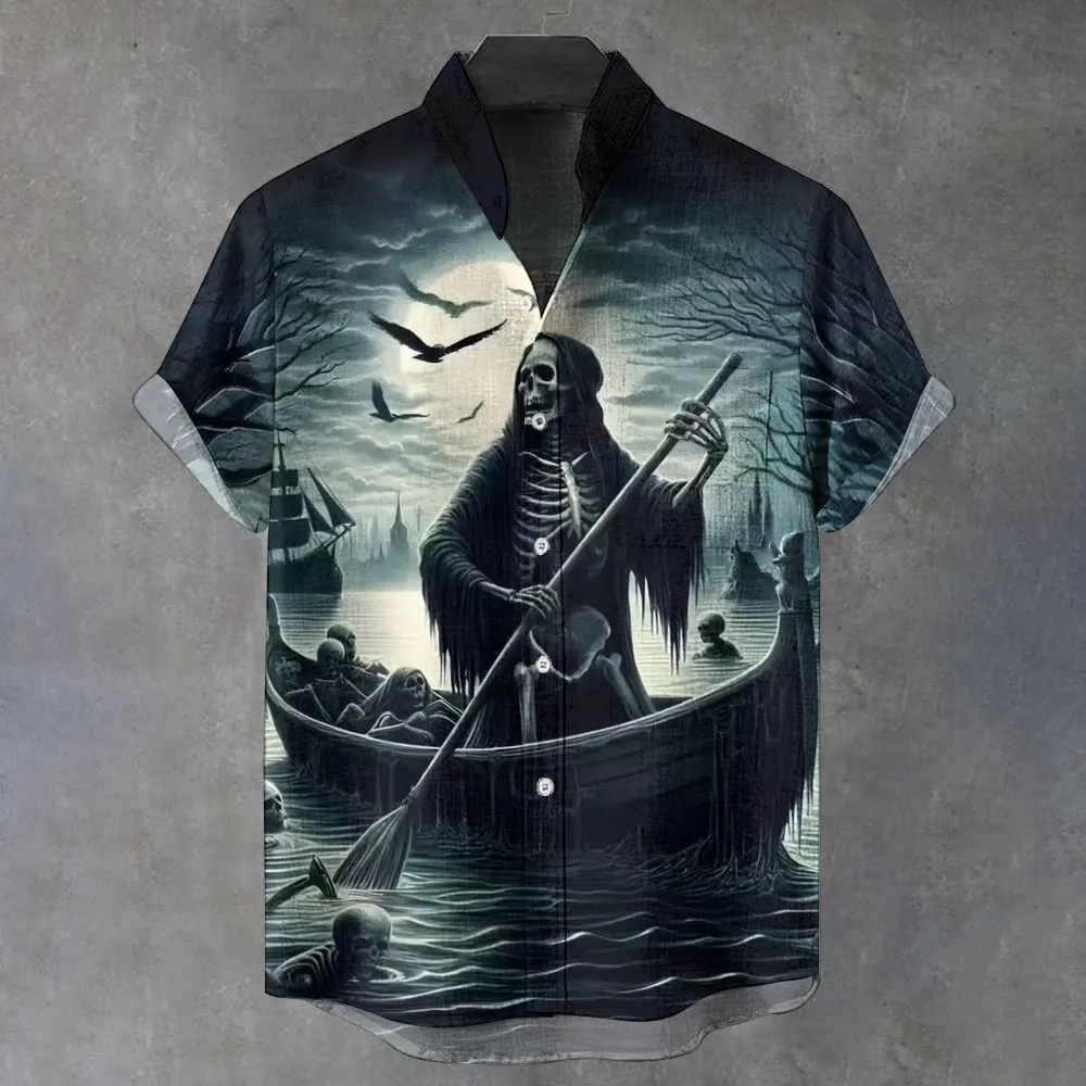 Men's Skull Short Sleeve Stand Collar Shirts 2409004399