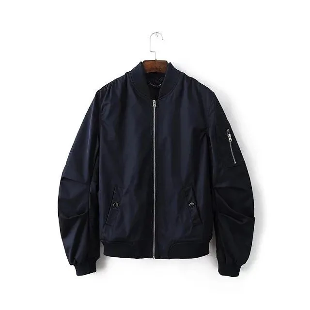 Mens Solid Flight Black Bomber Jacket Men's Rib Sleeve Zipper Short Air Force Baseball Coats Clothing