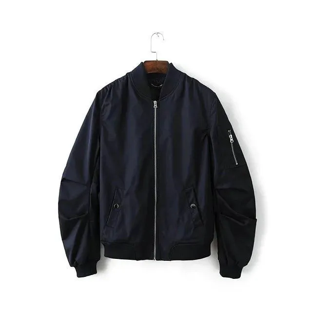 Mens Solid Flight Black Bomber Jacket Men's Rib Sleeve Zipper Short Air Force Baseball Coats Clothing