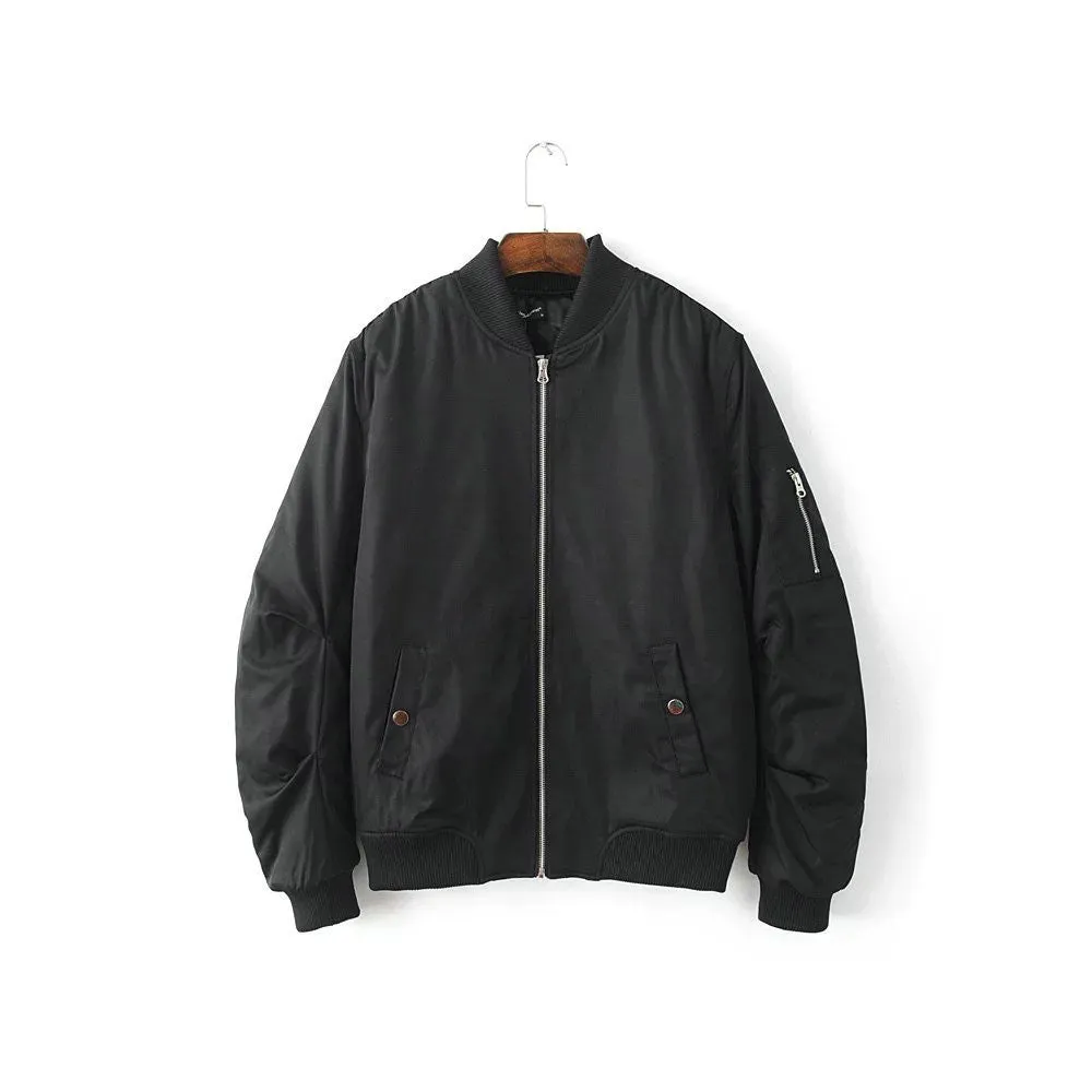 Mens Solid Flight Black Bomber Jacket Men's Rib Sleeve Zipper Short Air Force Baseball Coats Clothing