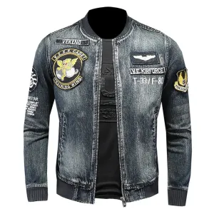 Mens Stylish Bomber Jacket Heavyweight Embroidered  Coat Baseball Collar Motorcycle Jeans Coat Flight Cowboy Jacket