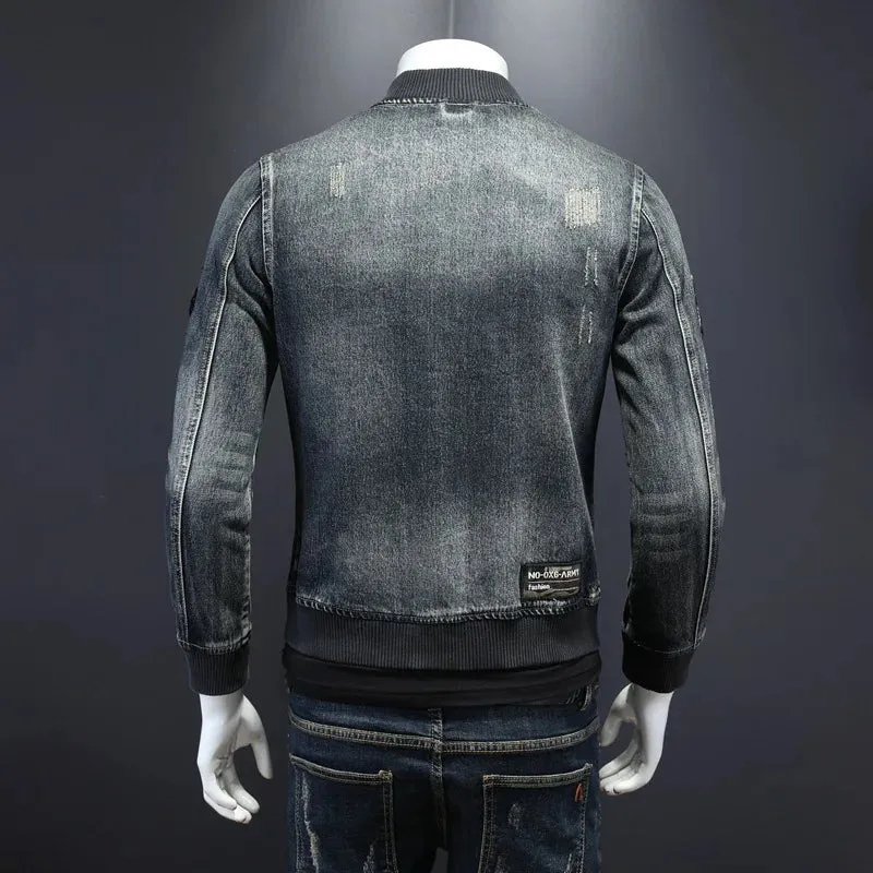 Mens Stylish Bomber Jacket Heavyweight Embroidered  Coat Baseball Collar Motorcycle Jeans Coat Flight Cowboy Jacket