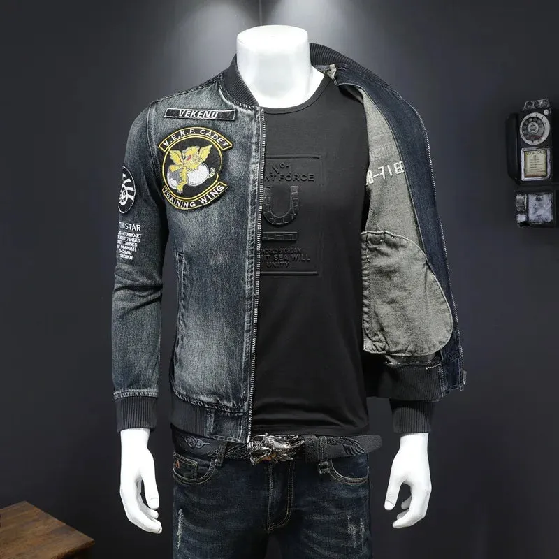 Mens Stylish Bomber Jacket Heavyweight Embroidered  Coat Baseball Collar Motorcycle Jeans Coat Flight Cowboy Jacket