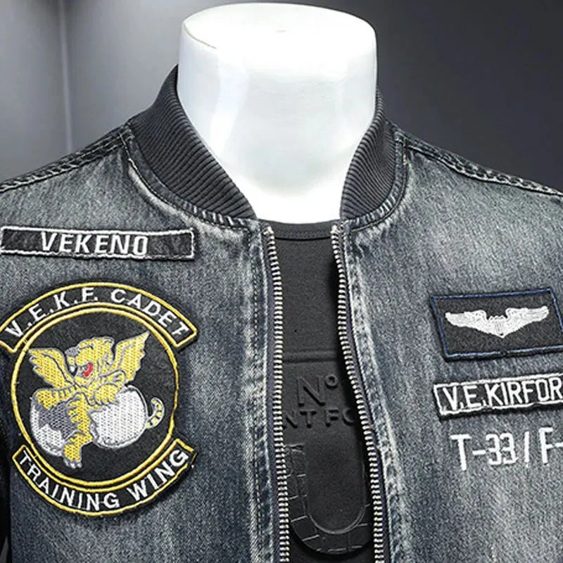 Mens Stylish Bomber Jacket Heavyweight Embroidered  Coat Baseball Collar Motorcycle Jeans Coat Flight Cowboy Jacket