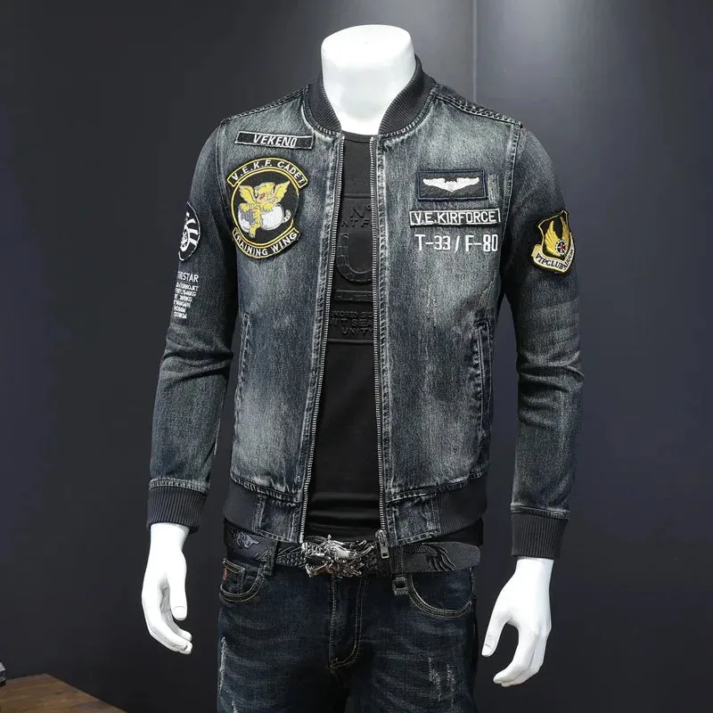 Mens Stylish Bomber Jacket Heavyweight Embroidered  Coat Baseball Collar Motorcycle Jeans Coat Flight Cowboy Jacket