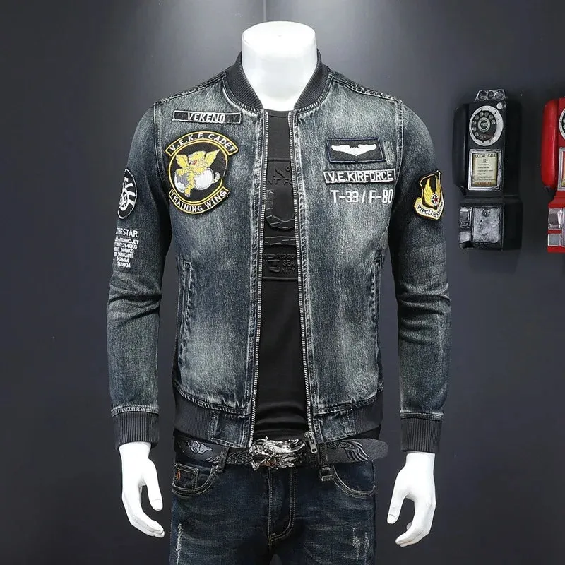 Mens Stylish Bomber Jacket Heavyweight Embroidered  Coat Baseball Collar Motorcycle Jeans Coat Flight Cowboy Jacket