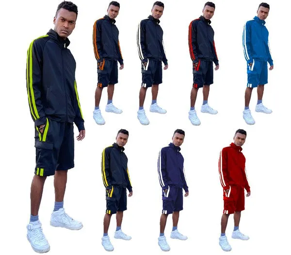 Men's Two Stripe Cargo Pocket Track Jacket and Short Set