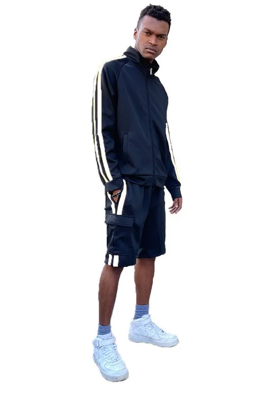 Men's Two Stripe Cargo Pocket Track Jacket and Short Set