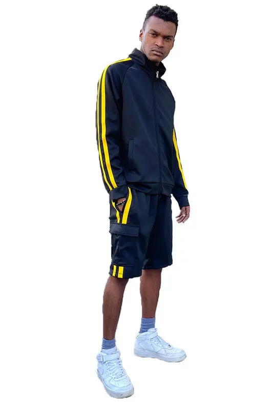 Men's Two Stripe Cargo Pocket Track Jacket and Short Set
