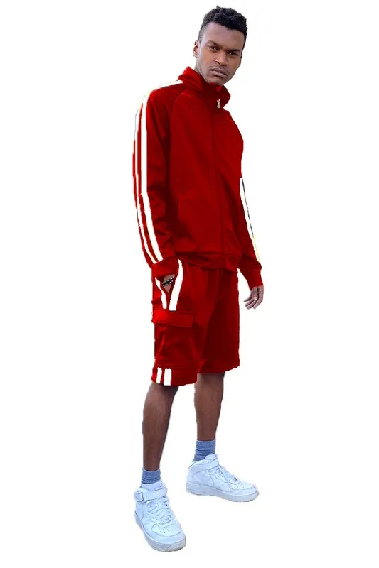 Men's Two Stripe Cargo Pocket Track Jacket and Short Set