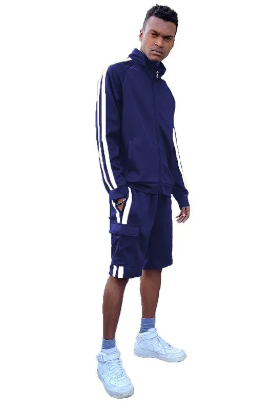 Men's Two Stripe Cargo Pocket Track Jacket and Short Set