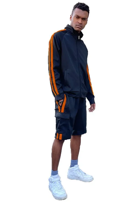 Men's Two Stripe Cargo Pocket Track Jacket and Short Set