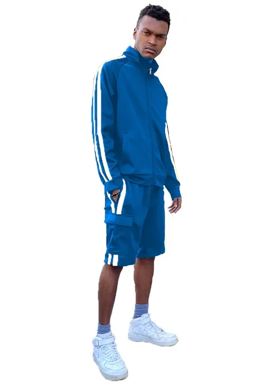 Men's Two Stripe Cargo Pocket Track Jacket and Short Set