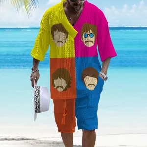 Men's V-Neck Luxury Musical Abstract Color Block Print Shorts Set