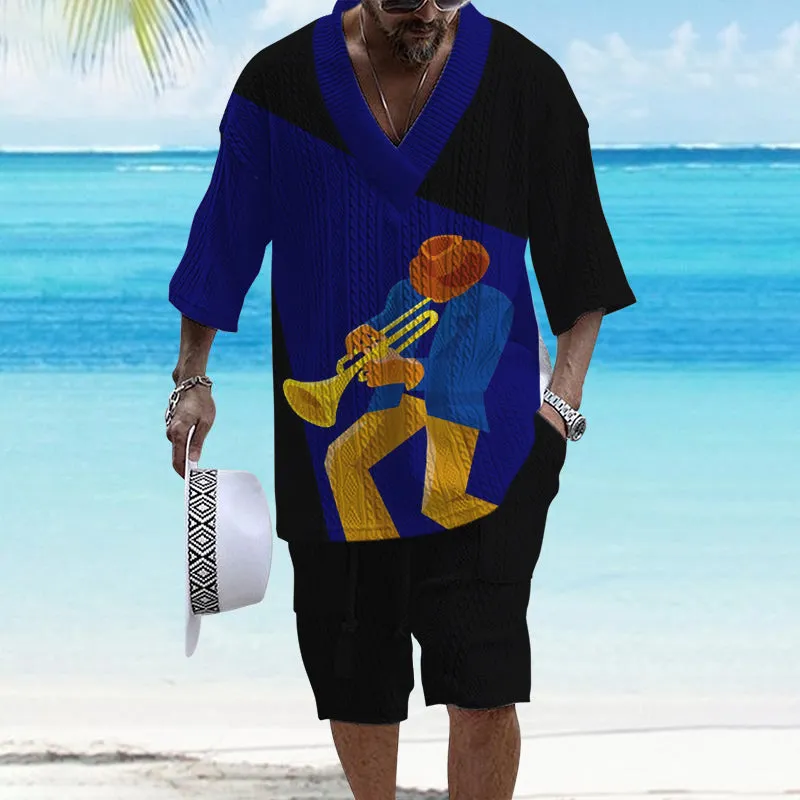 Men's V-Neck Luxury Musical Abstract Color Block Textured Print Shorts Set