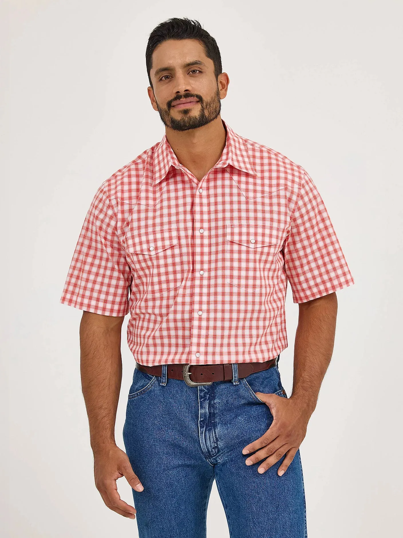 Men's Wrangler Wrinkle Resist Short Sleeve Western Snap Plaid Shirt - 112365851