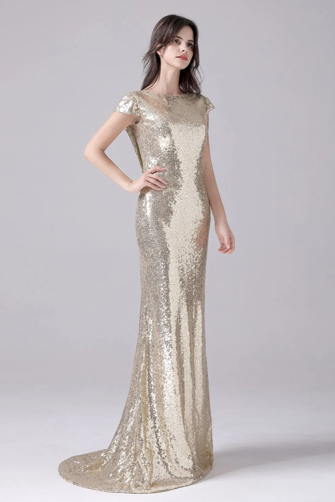 Mermaid Jewel Sequined Floor Length Short sleeves mother's dress