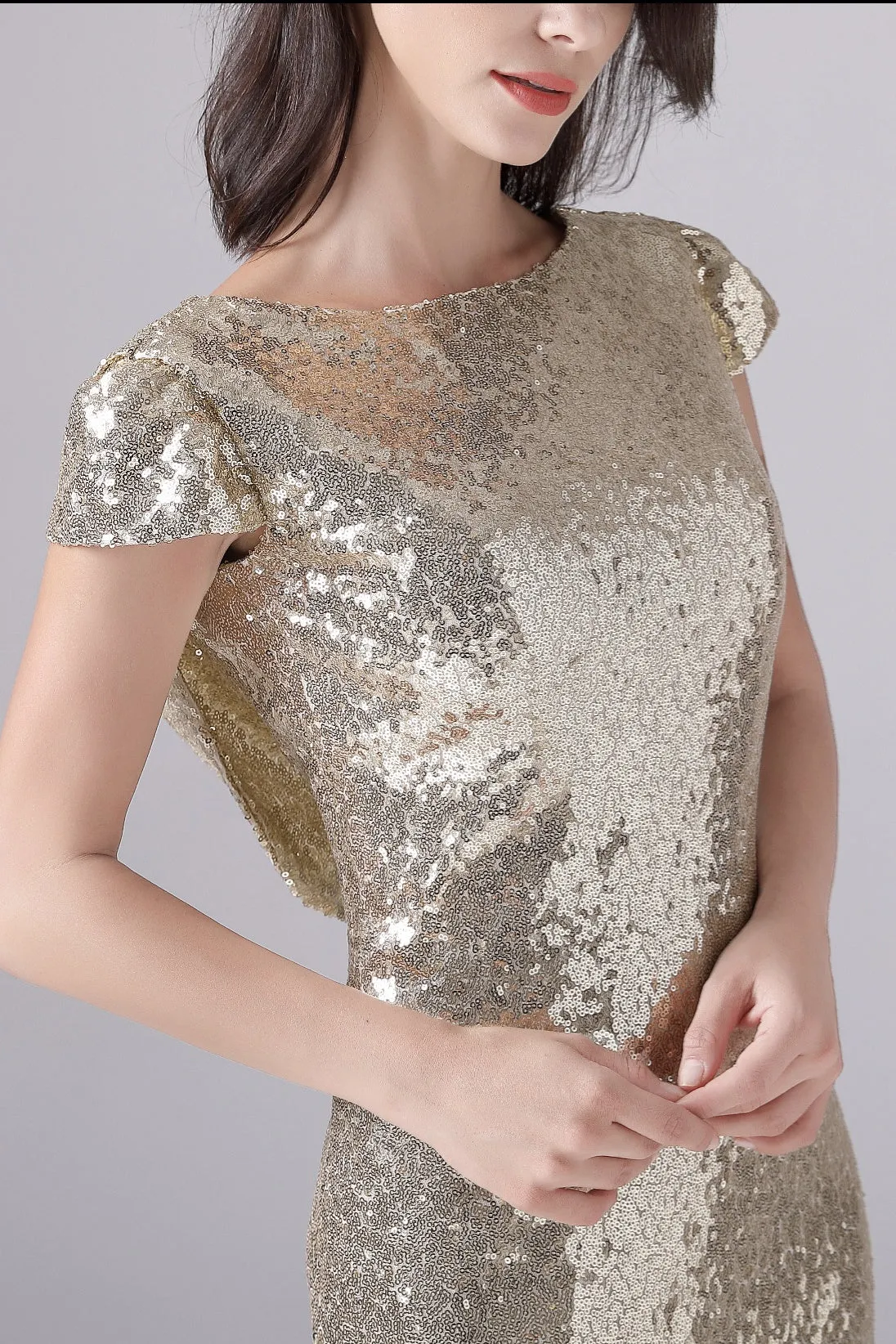 Mermaid Jewel Sequined Floor Length Short sleeves mother's dress