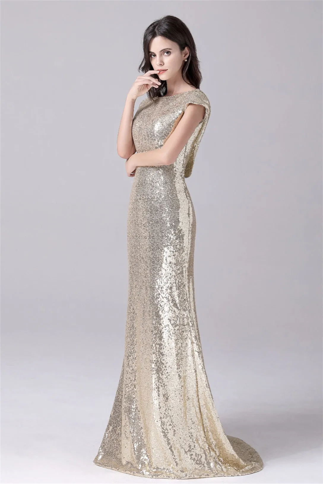 Mermaid Jewel Sequined Floor Length Short sleeves mother's dress