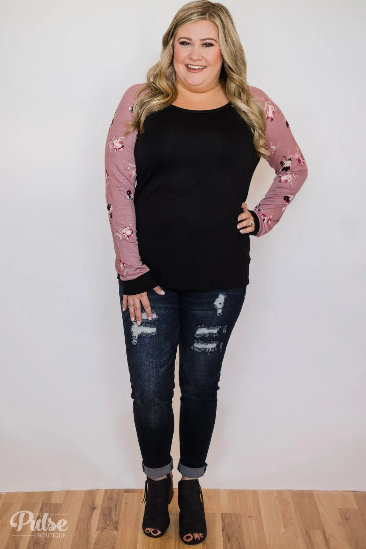 Midnight Wishes Long Sleeve Floral Top- Black & Mauve