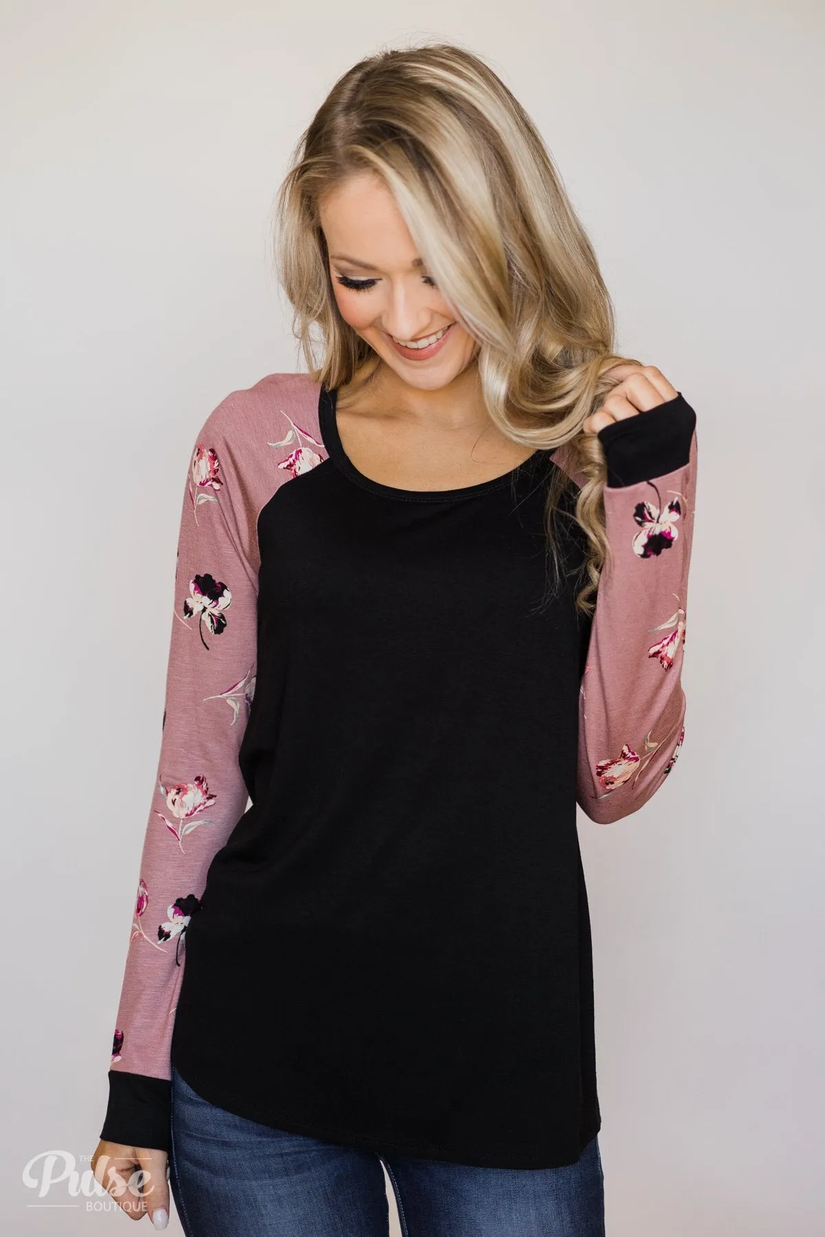 Midnight Wishes Long Sleeve Floral Top- Black & Mauve