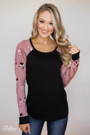 Midnight Wishes Long Sleeve Floral Top- Black & Mauve