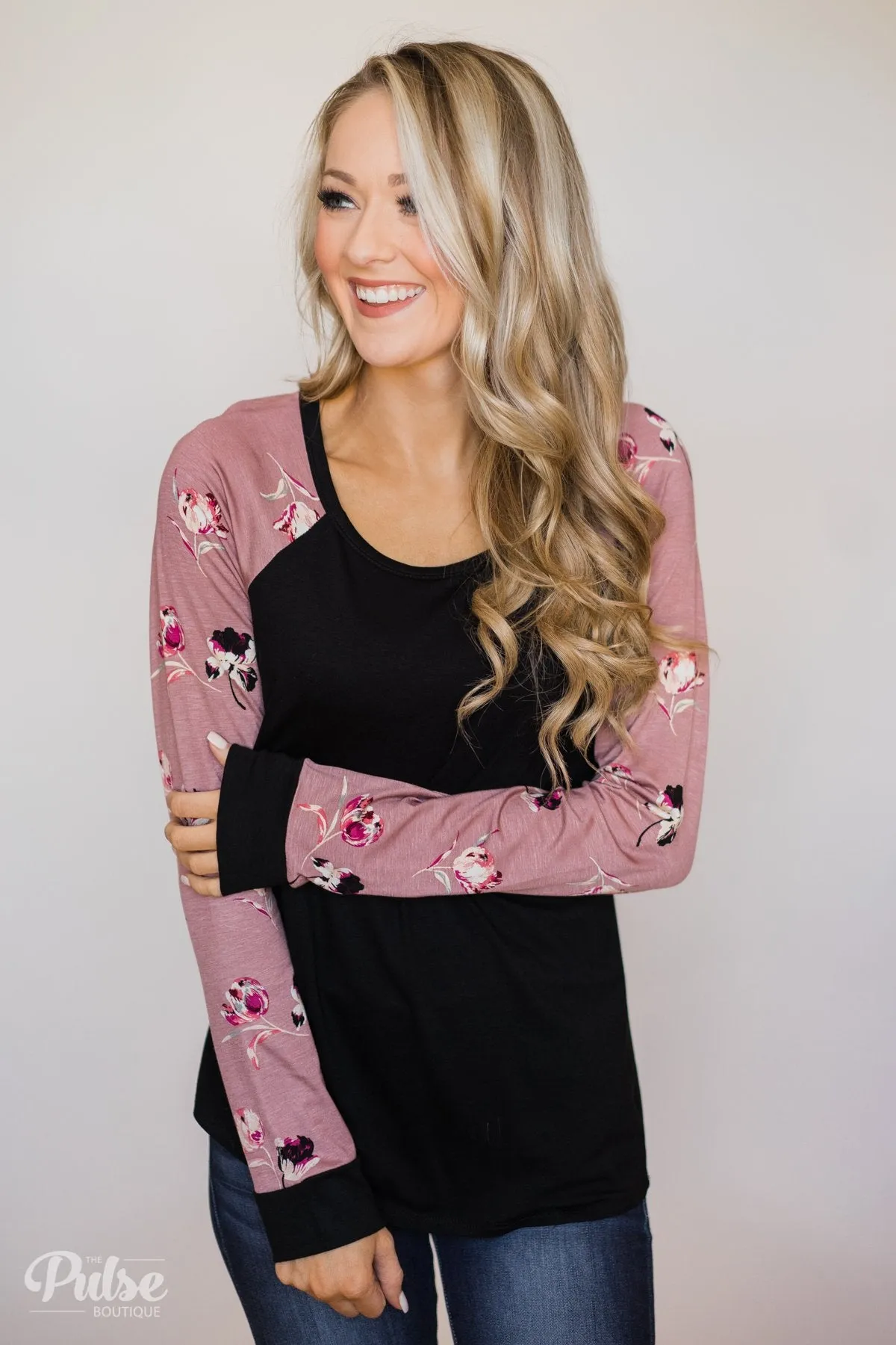 Midnight Wishes Long Sleeve Floral Top- Black & Mauve