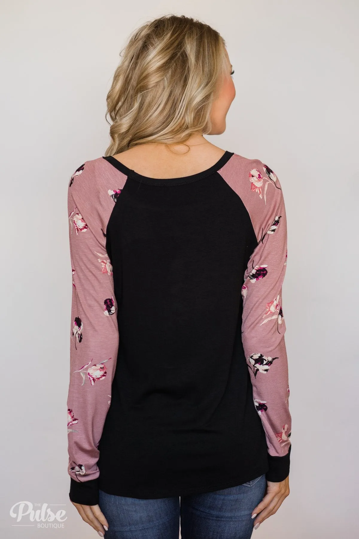 Midnight Wishes Long Sleeve Floral Top- Black & Mauve