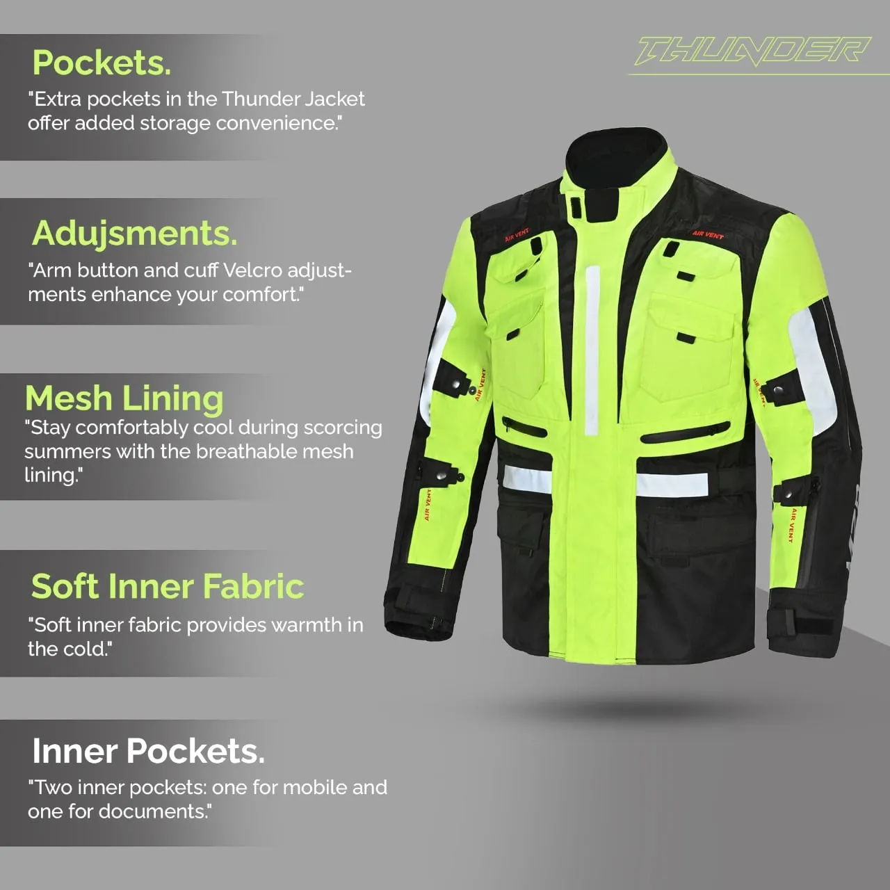 MZB Thunder Mens All Season Motorcycle Touring Waterproof Textile Jacket - Black/Neon