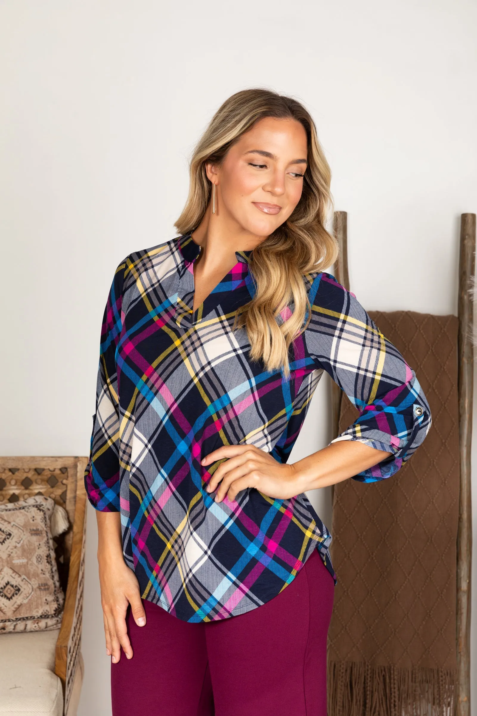 Navy Plaid Print Wrinkle Free Lizzy Top