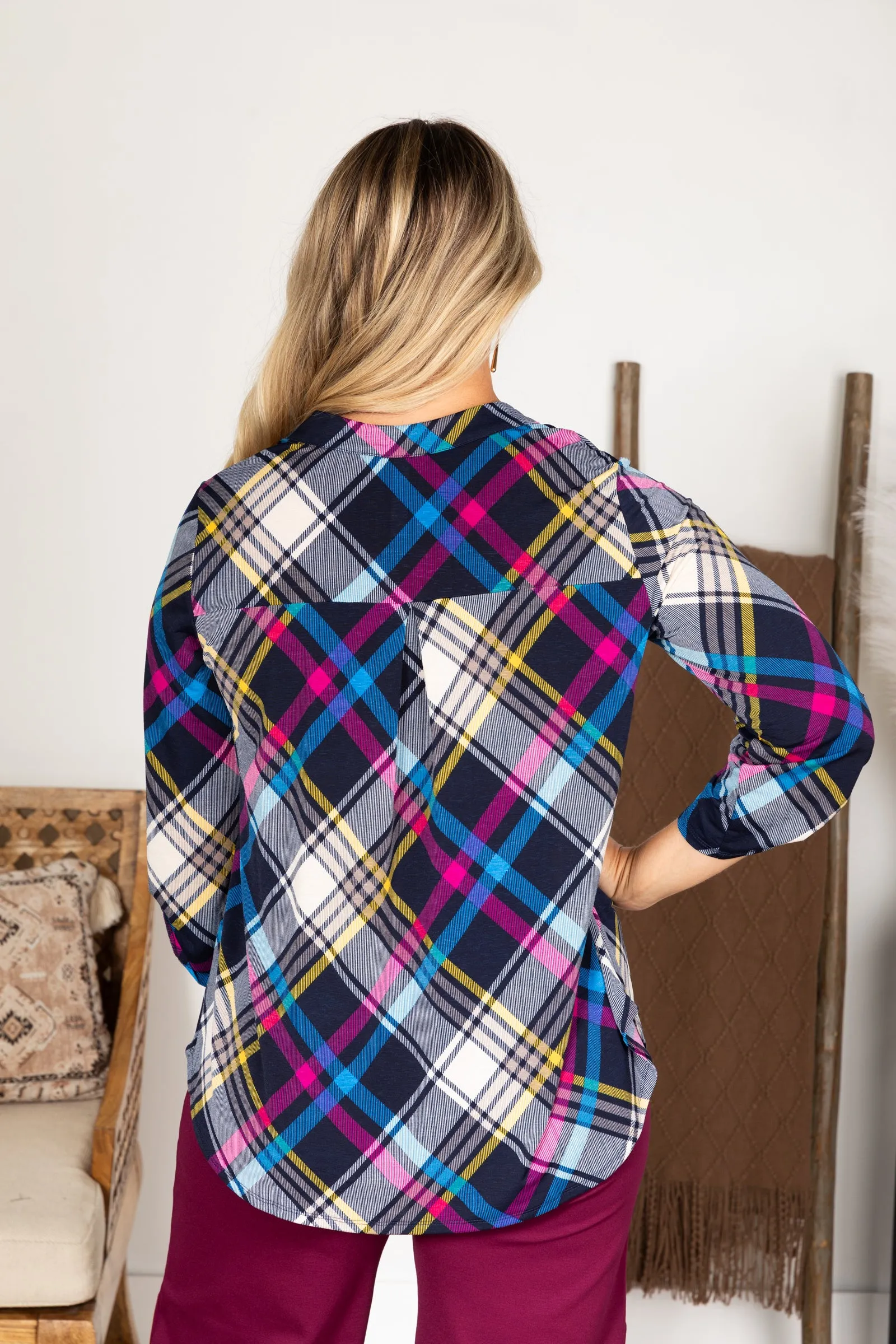 Navy Plaid Print Wrinkle Free Lizzy Top