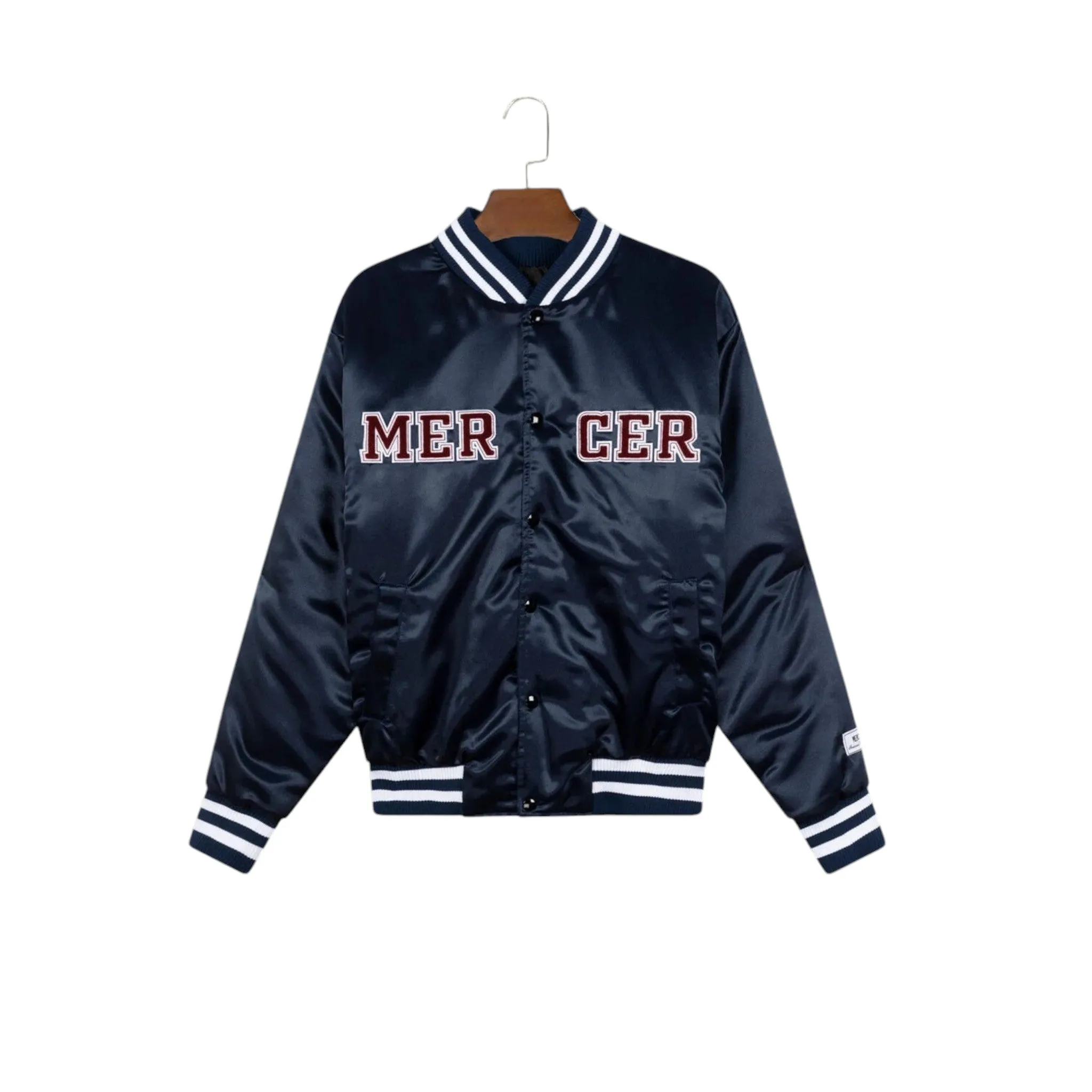 Navy Varsity Jacket with MERCER Embroidery and Striped
