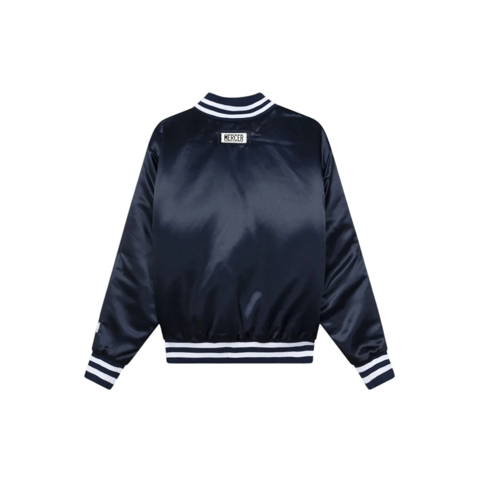 Navy Varsity Jacket with MERCER Embroidery and Striped