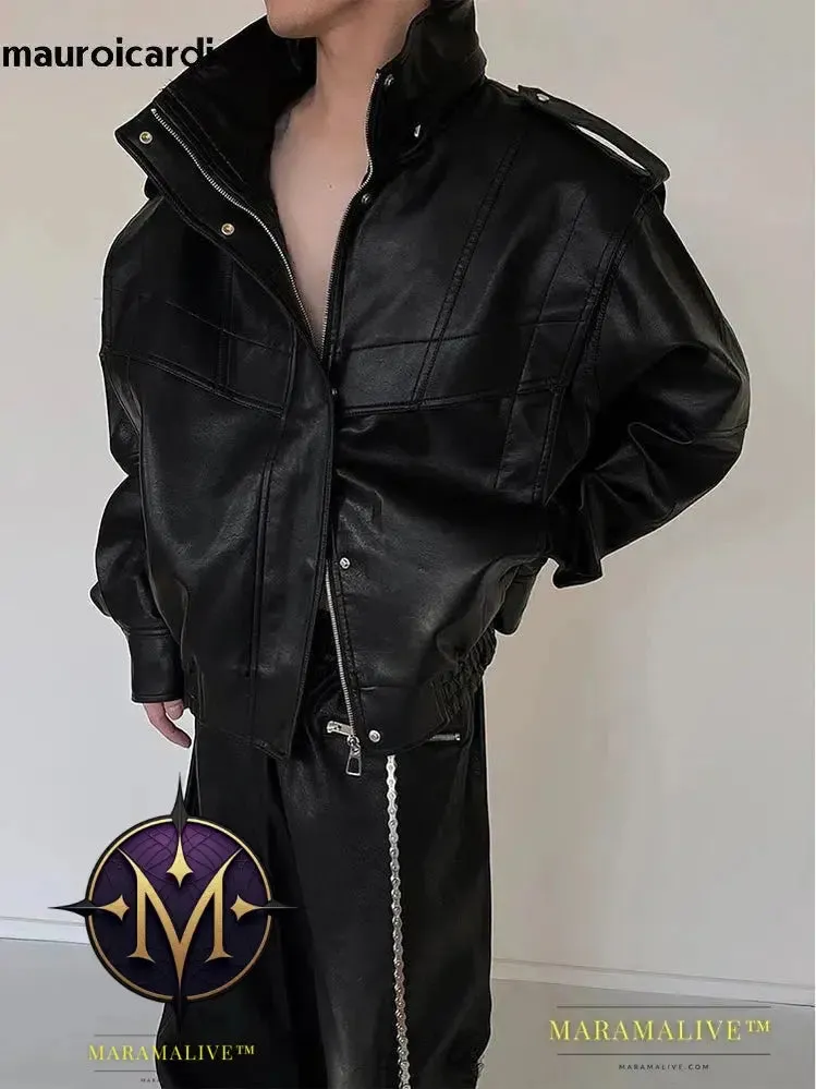 Oversized Cool Waterproof Windproof Black Pu Leather Jacket Men Zip Up Luxury Designer Clothes 2023