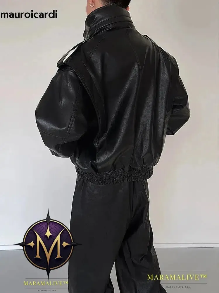 Oversized Cool Waterproof Windproof Black Pu Leather Jacket Men Zip Up Luxury Designer Clothes 2023