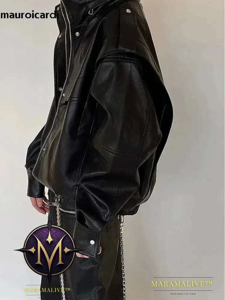 Oversized Cool Waterproof Windproof Black Pu Leather Jacket Men Zip Up Luxury Designer Clothes 2023