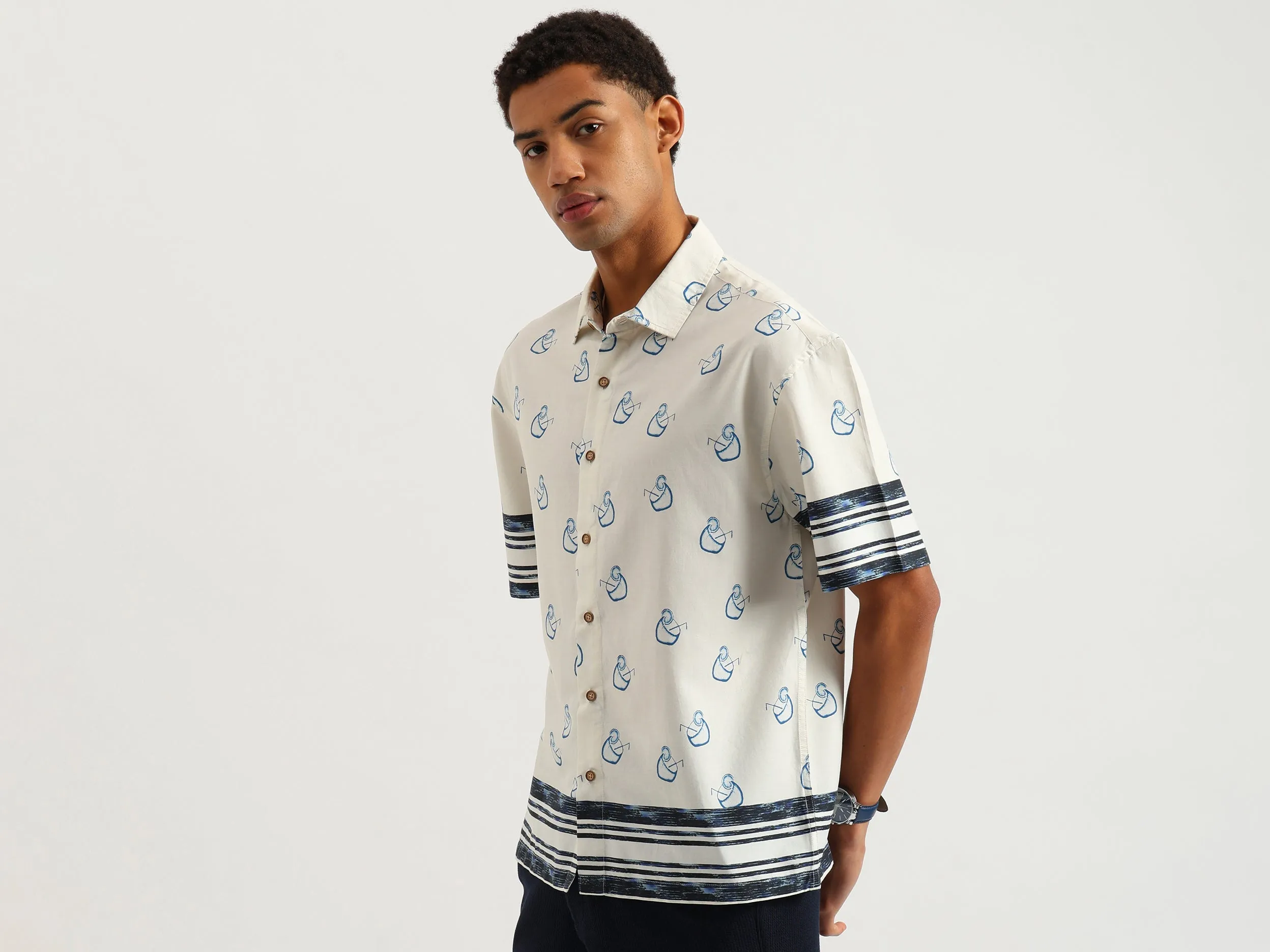 Oversized Fit Spread Collar Coconut Print Shirt