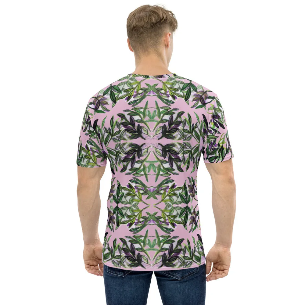 Pink Tropical Print Men's T-shirt, Premium Hawaiian Style Leaf Print Premium Tee-Made in USA/EU