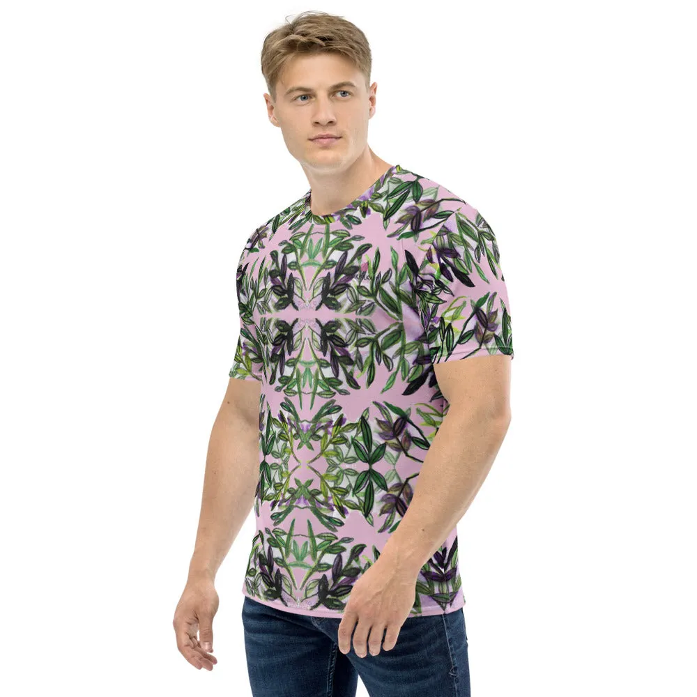 Pink Tropical Print Men's T-shirt, Premium Hawaiian Style Leaf Print Premium Tee-Made in USA/EU
