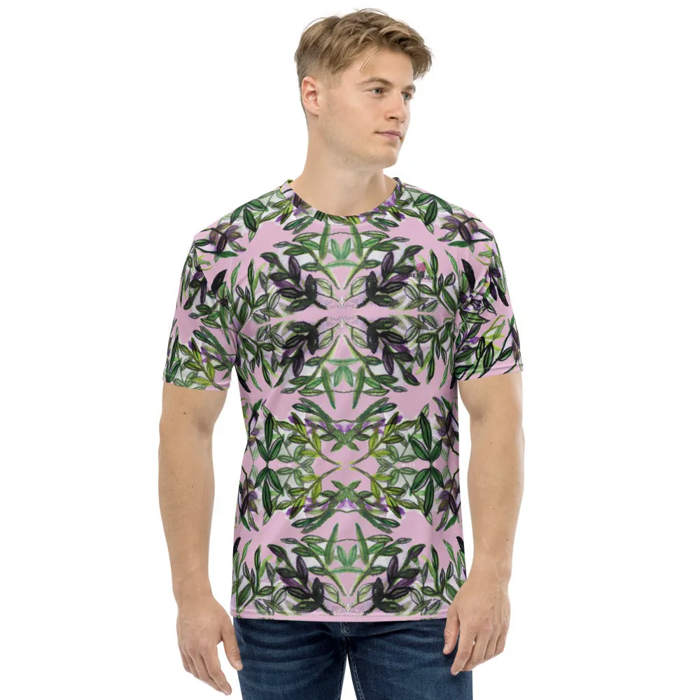 Pink Tropical Print Men's T-shirt, Premium Hawaiian Style Leaf Print Premium Tee-Made in USA/EU