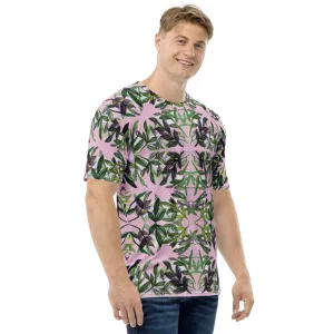 Pink Tropical Print Men's T-shirt, Premium Hawaiian Style Leaf Print Premium Tee-Made in USA/EU