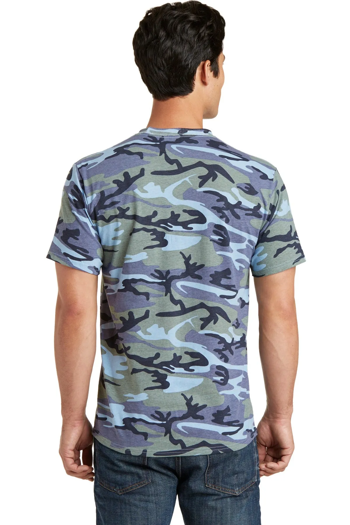 Port & Company Core Cotton Camo Tee.  PC54C Woodland Blue Camo