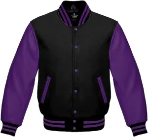 Premium Varsity Jacket Purple Leather Sleeves Classic College Bomber Style