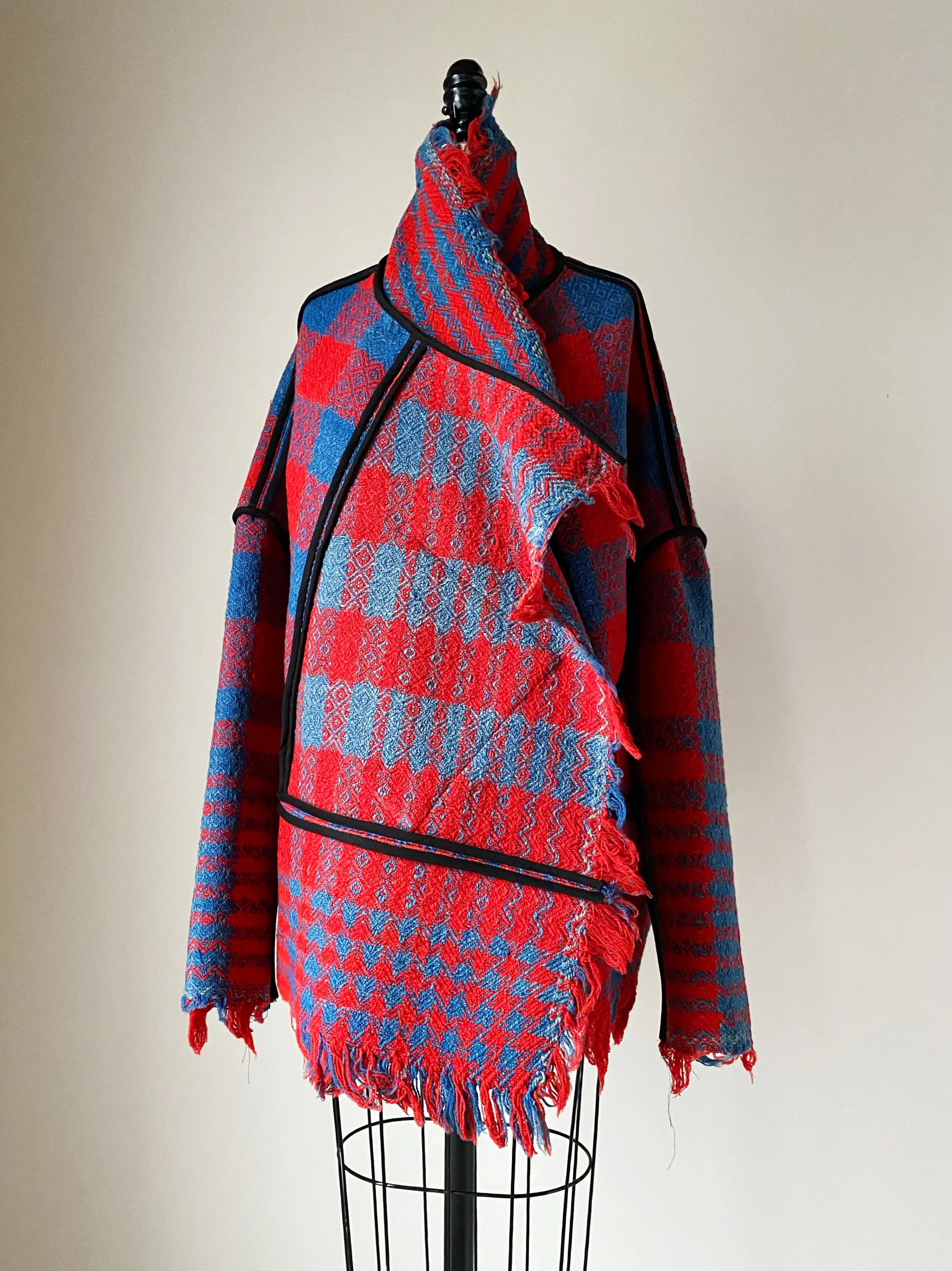 red and indigo blue coverlet cocoon