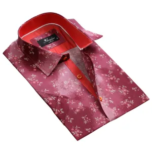 Red with White Floral Mens Short Sleeve Button up Shirts - Tailored Slim Fit Cotton Dress Shirts
